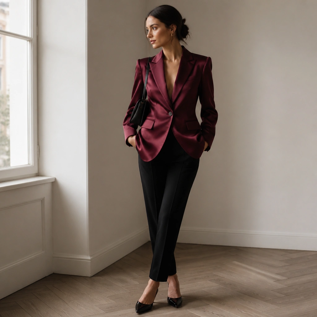 A burgundy satin-feel blazer with structured shoulders over black tapered trousers. The outfit is styled with black pointed flats or low heels and a small shoulder bag.