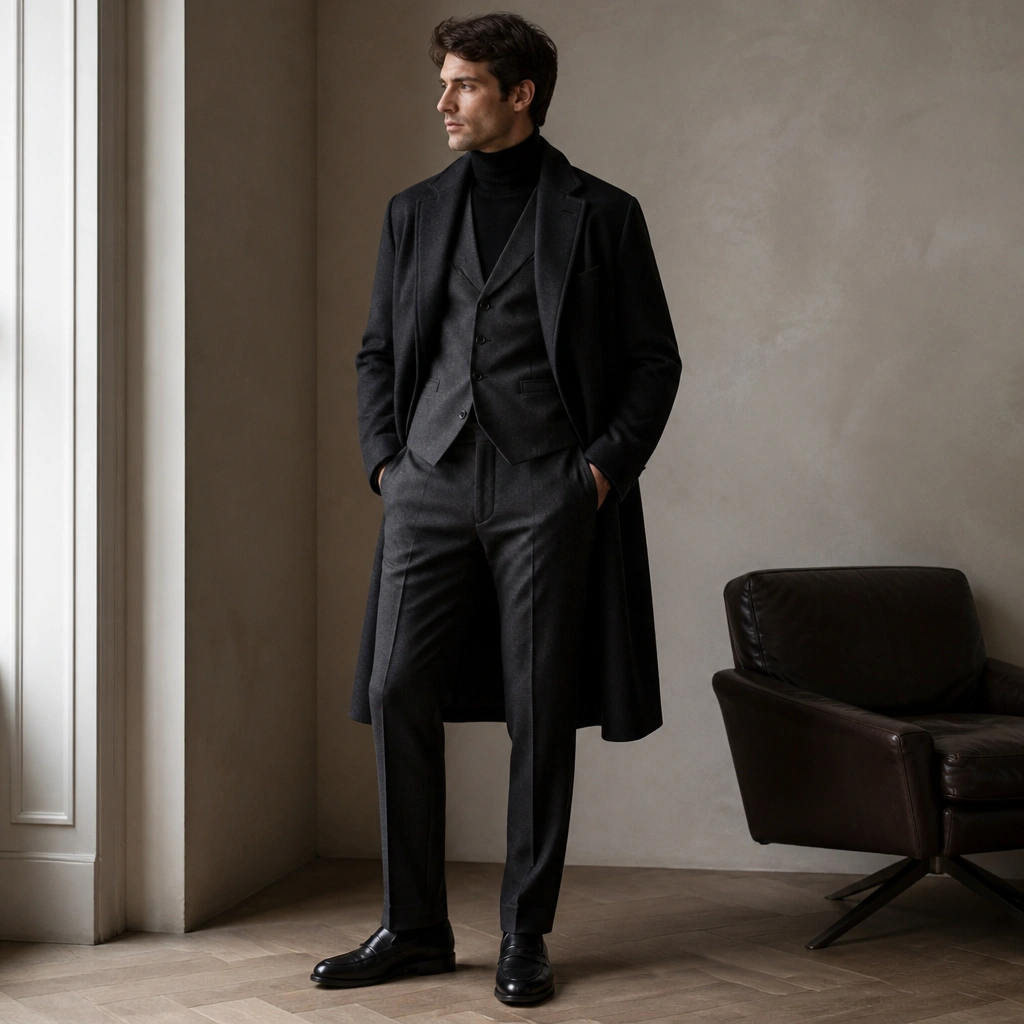 A charcoal suiting vest worn over a black turtleneck, paired with straight-leg charcoal trousers. The outfit includes a long overcoat and sleek leather loafers.