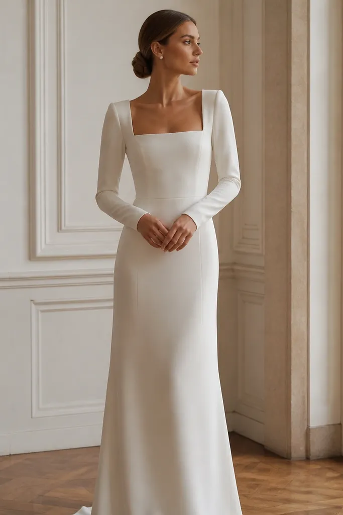 A modern off-white long sleeve wedding dress with a structured square neckline and fitted slim sleeves, styled with a simple low bun and small square stud earrings. The skirt falls straight to the floor.