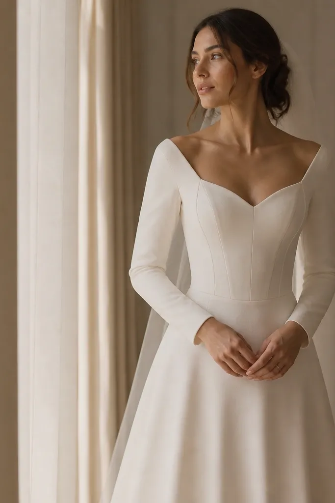 A blush-leaning white long sleeve wedding dress with a subtle sweetheart neckline and a fitted cuff at the wrist, with delicate vertical seams on the bodice. Minimal veil, no extra jewelry.