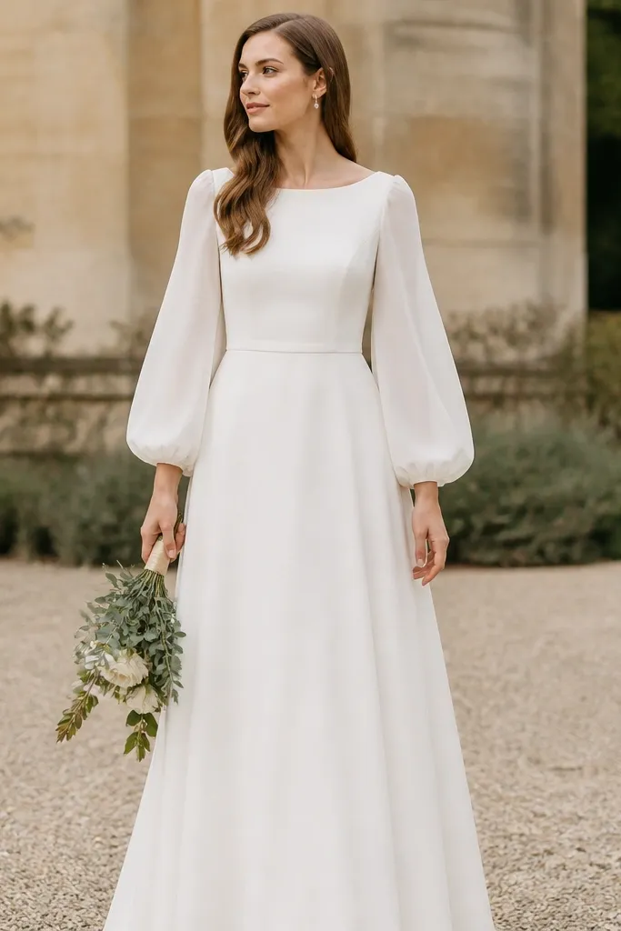 A cream long sleeve wedding dress with airy bishop sleeves that billow slightly at the elbow, paired with a simple A-line skirt and a plain waistband. Hair is styled in a smooth side part.