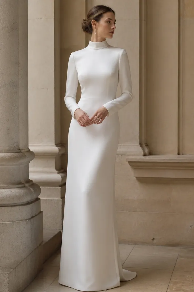 A modern white column wedding dress with a mock neck and a single button detail at the collar, long slim sleeves, and a straight skirt with a subtle sheen.