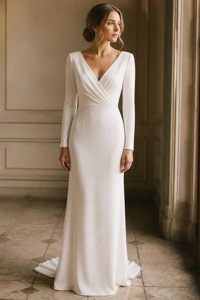 An ivory long sleeve wedding dress with a wrap-style bodice, a clean V at the waist, and long sleeves in matte crepe. The skirt is simple and slightly tapered.