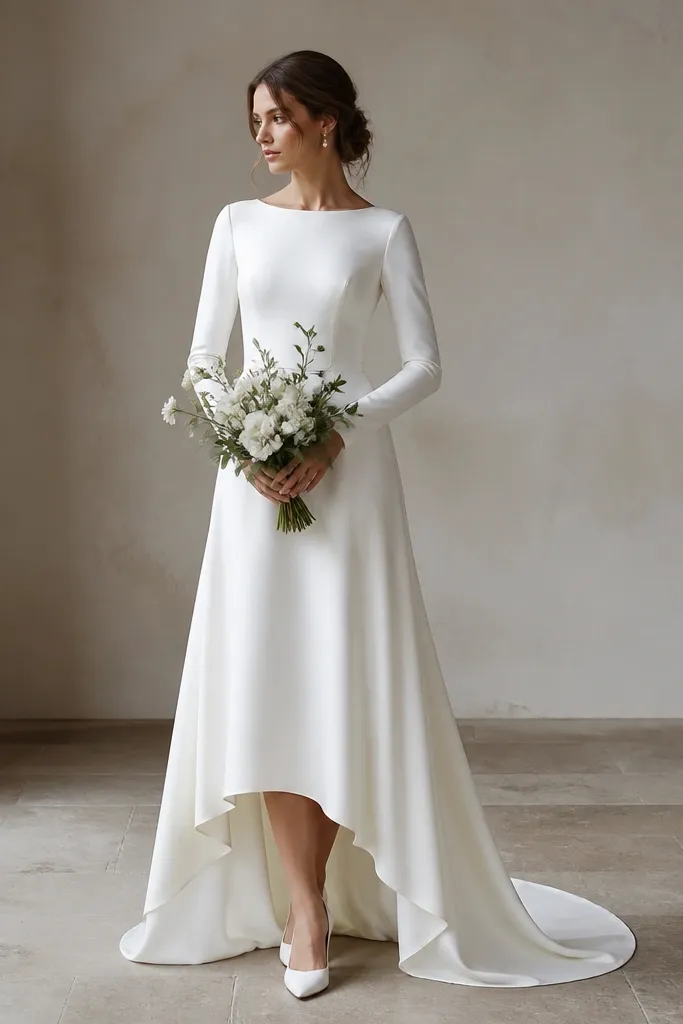 A long sleeve wedding dress in clean white with a high-low hem: the front hits above the ankle while the back trails longer. Sleeves are fitted and the skirt has a subtle drape.