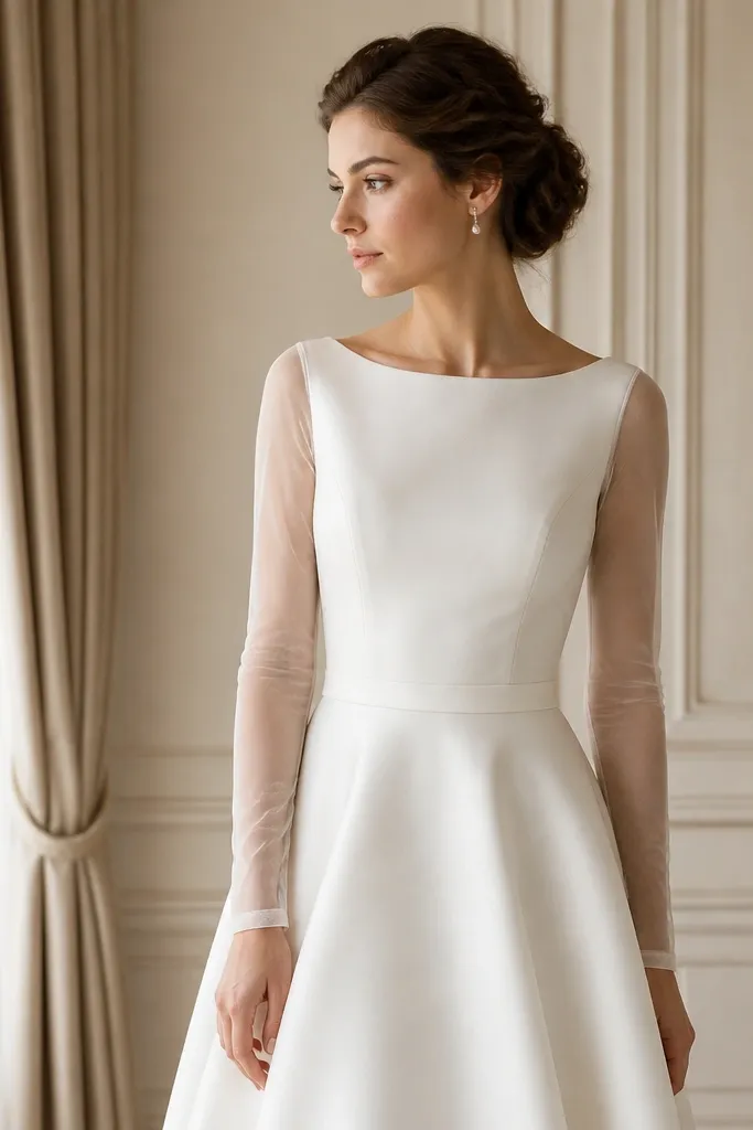 A white wedding dress with illusion tulle long sleeves that lightly show skin, paired with a smooth satin skirt. The neckline is simple and the overall look stays uncluttered.