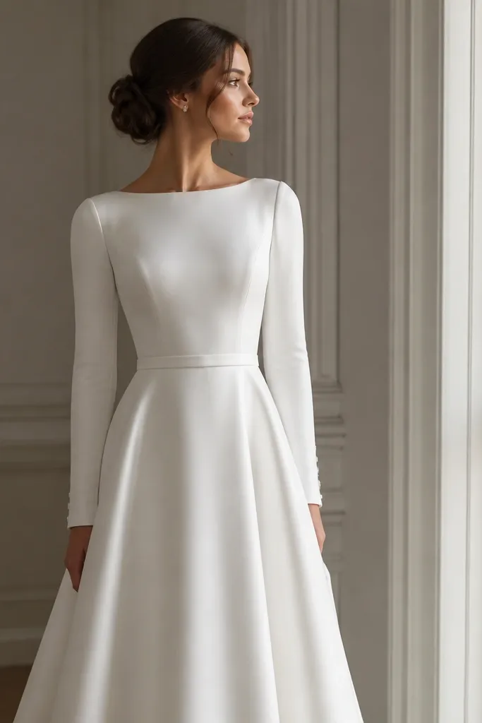 A long sleeve wedding dress with a fitted bodice and long sleeves, cinched with a minimalist satin belt. The skirt is plain and the belt sits at the natural waist.