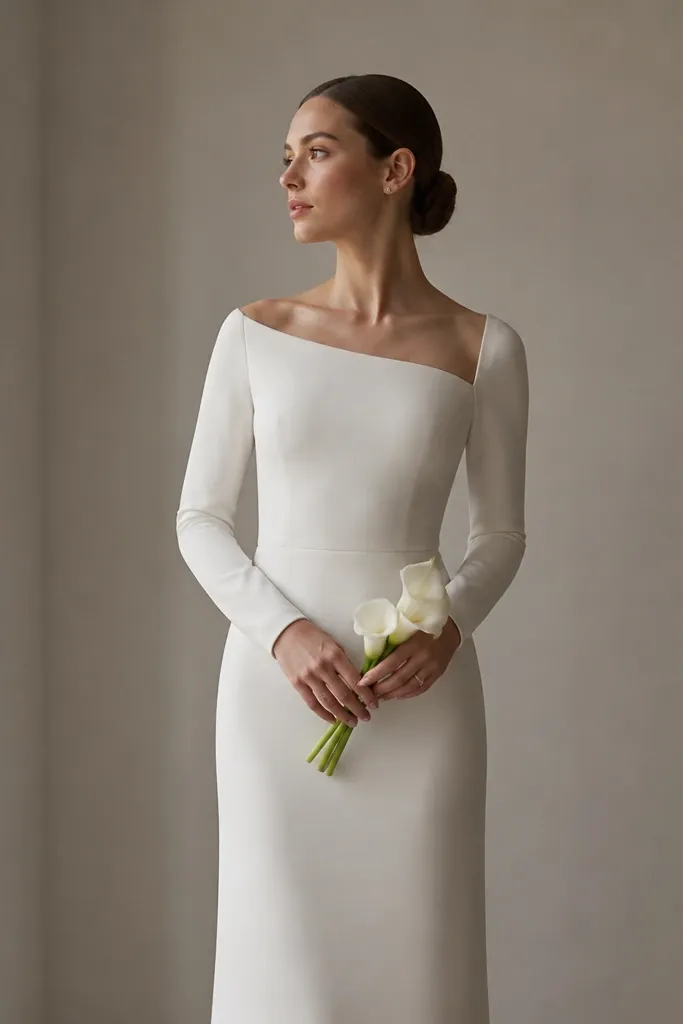 An off-white long sleeve wedding dress with an asymmetrical neckline (one side slightly higher), straight fitted sleeves, and a minimal straight skirt. Hair is sleek and earrings are small.