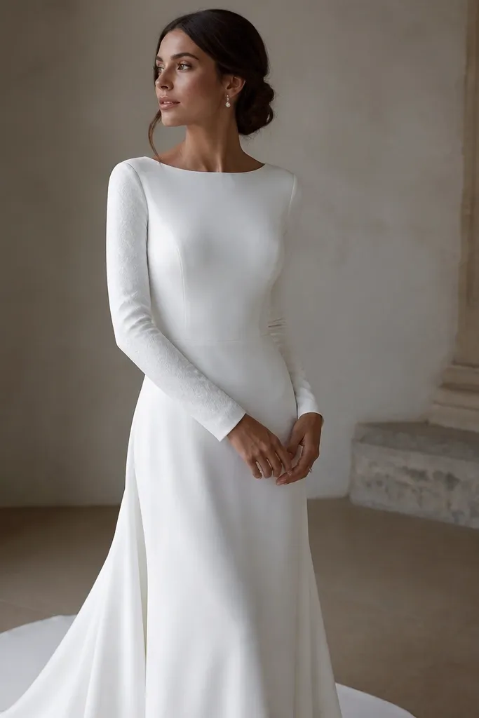 A modern white wedding dress with long sleeves in a subtle jacquard texture, visible only up close. The rest of the dress is smooth and minimal.
