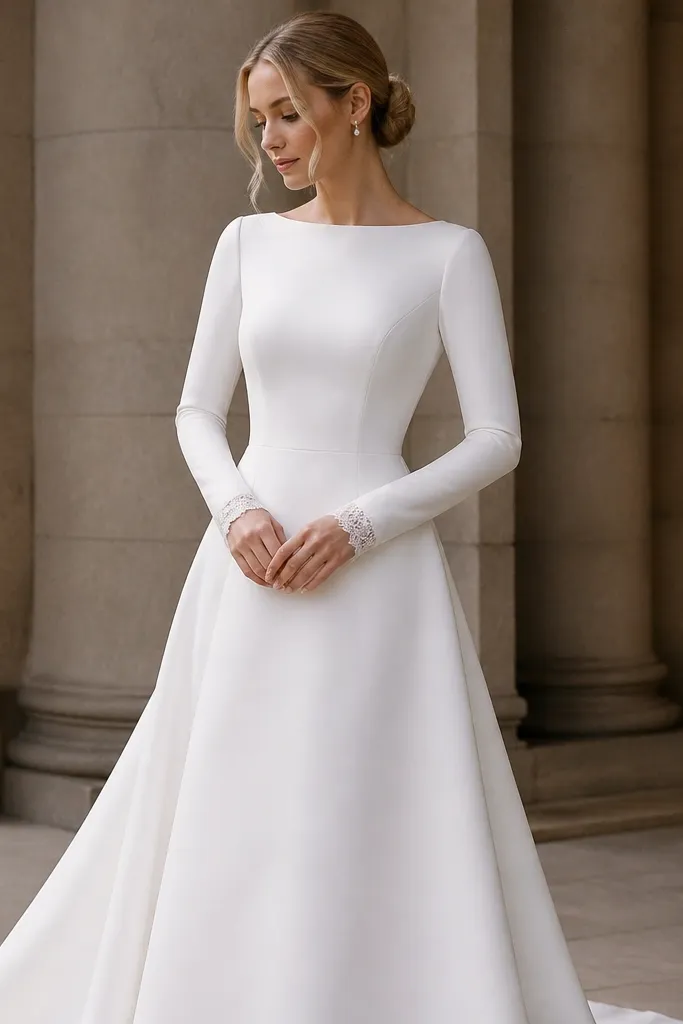 A white long sleeve wedding dress with a plain neckline and fitted sleeves featuring a small lace-trim cuff only at the wrist. The skirt is smooth with no lace panels.