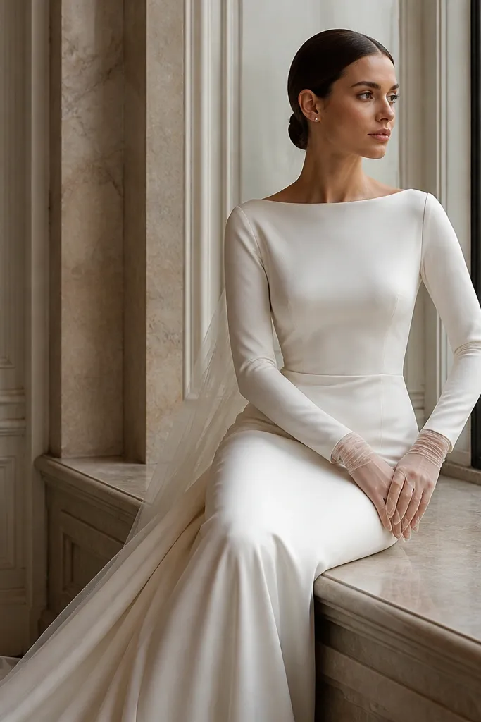 An ivory long sleeve wedding dress paired with nude-tinted wedding gloves that extend slightly beyond the wrist. Accessories are minimal and hair is smooth.
