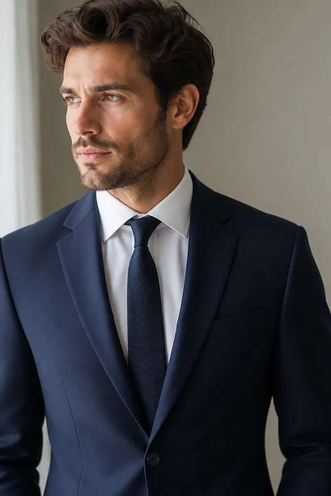 A navy blue groom suit jacket with a crisp white dress shirt underneath, showing a clean collar and a small tie knot centered at the throat.