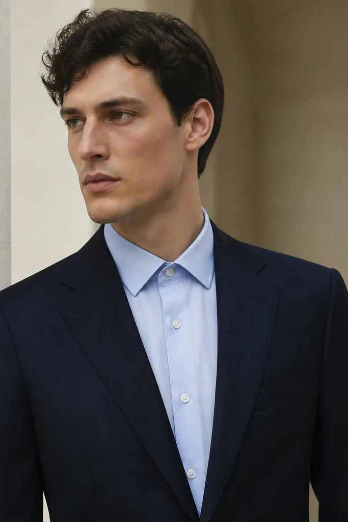 A navy suit worn with a pale light-blue shirt, buttoned neatly, with the collar sitting flat and the top button visible.
