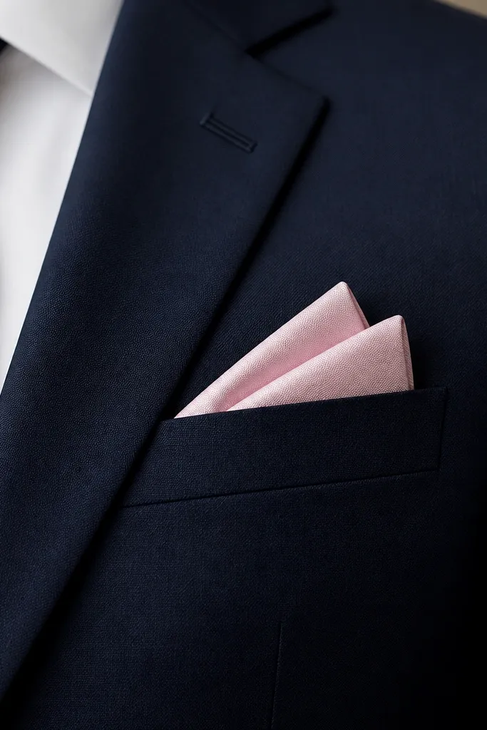 A folded pale pink pocket square peeking from the breast pocket of a navy groom suit jacket, with the fold angled slightly to the right.