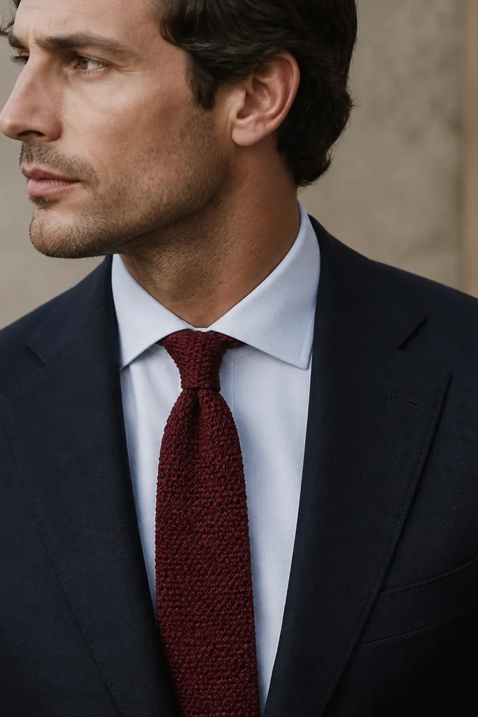 A navy suit with a knit tie in deep burgundy, showing visible knit texture, with a classic four-in-hand knot.