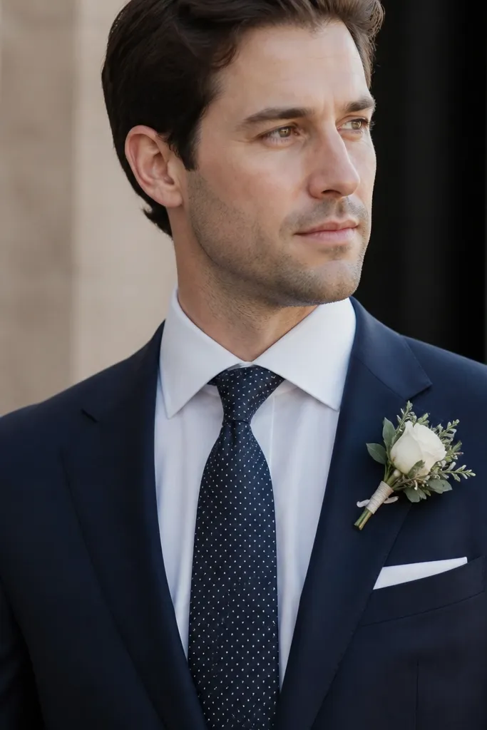 A navy groom suit with a tie featuring tiny micro-dot pattern in white and a muted silver tone, with the knot centered and the tie width consistent.