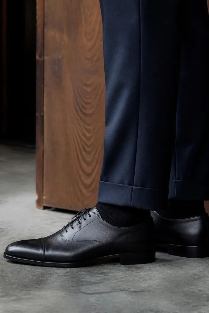 Black oxford shoes with a low shine finish paired with navy trousers, photographed from the side showing the laces and toe shape.