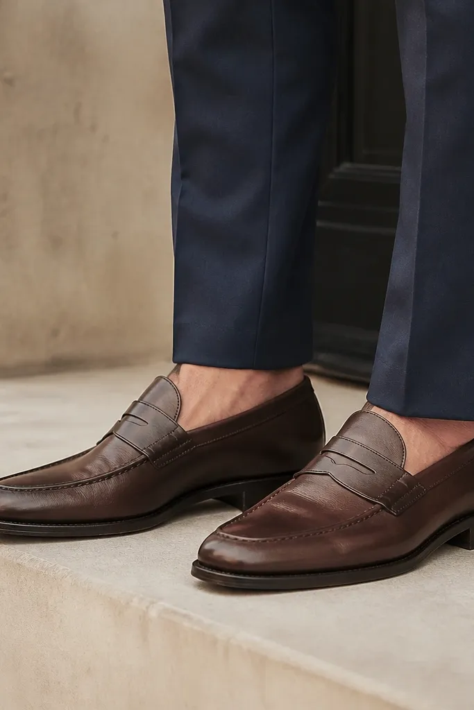 Brown leather loafers worn with navy suit trousers, with the hem sitting just above the top of the loafer tongue.