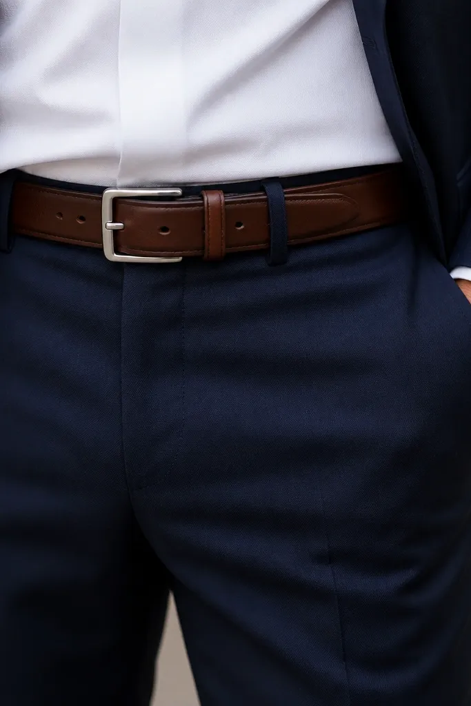 A close shot of a navy suit waist with a belt whose color matches the shoes, showing a simple silver buckle.