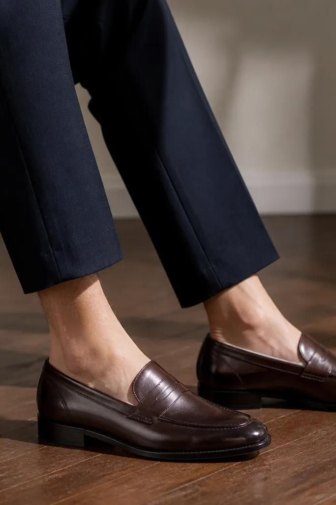 A pair of no-show socks tucked under navy trousers, with the sock barely visible above the shoe line.