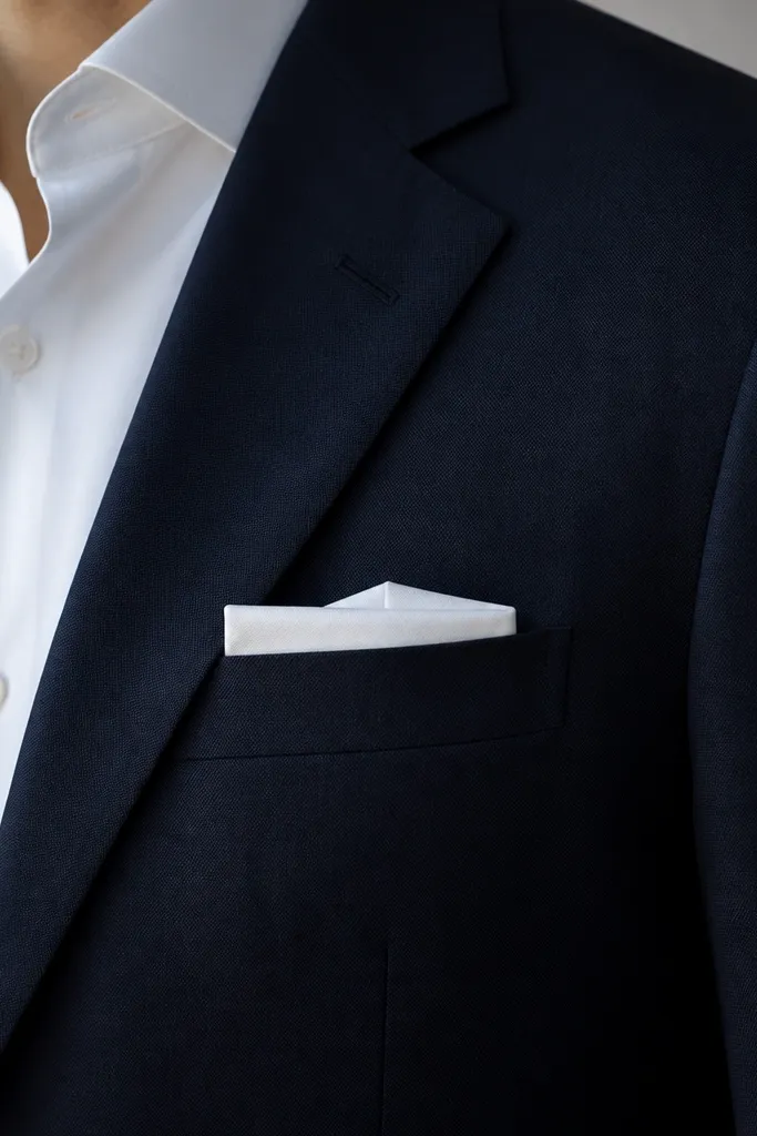 A navy suit jacket with a neatly folded pocket square that forms a flat, symmetrical rectangle with a slight peak.