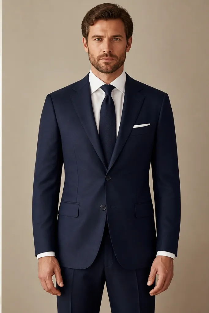 A front-facing photo of a navy suit where the shirt cuff peeks out evenly from both sleeves, and the jacket waist sits flat with no pulling.
