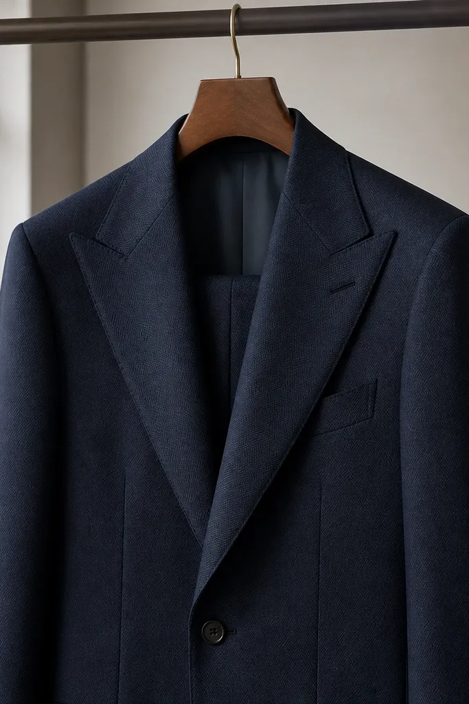 A tailored midnight-navy wool suit on a hanger with crisp peak lapels, a single-breasted front, and a subtle herringbone weave visible close-up.