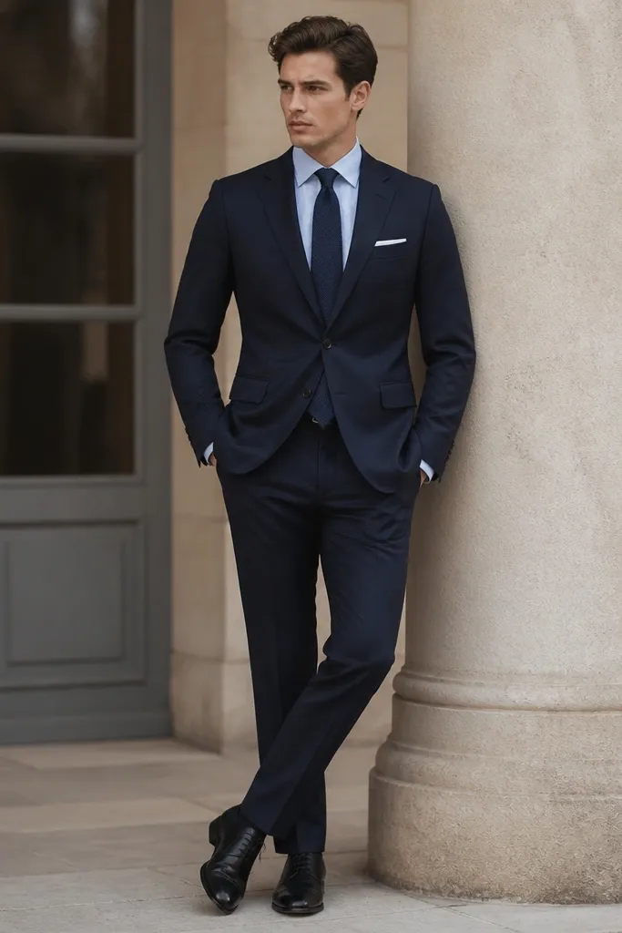 An ink-blue navy suit set with a tailored slim jacket and flat-front trousers, showing clean seams and a narrow trouser break.