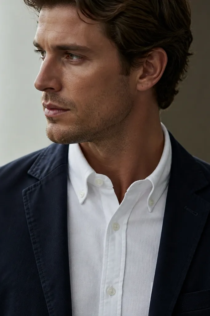 A crisp white oxford button-down shirt with visible woven texture, worn under a navy jacket, collar neatly folded.