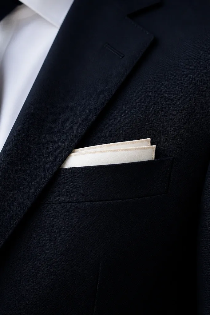 An ivory pocket square folded in a simple presidential fold, with a faint border edge peeking from a navy jacket breast pocket.