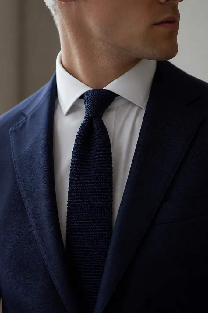 A deep navy knit tie with visible ribbing, paired with a white shirt and a navy suit jacket.