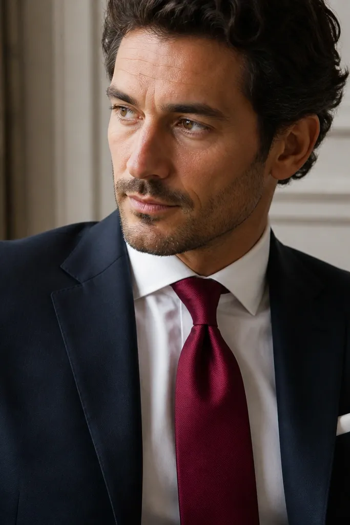 A rich burgundy silk tie with a gentle sheen, knotted at the collar, with a neatly pressed dimple and clean tie width.