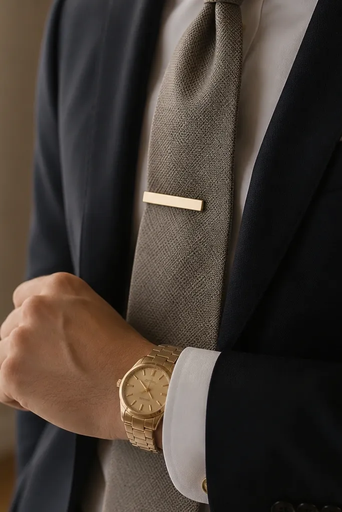 A champagne-gold tie bar clipped to a tie, with a matching gold-tone watch visible at the cuff.