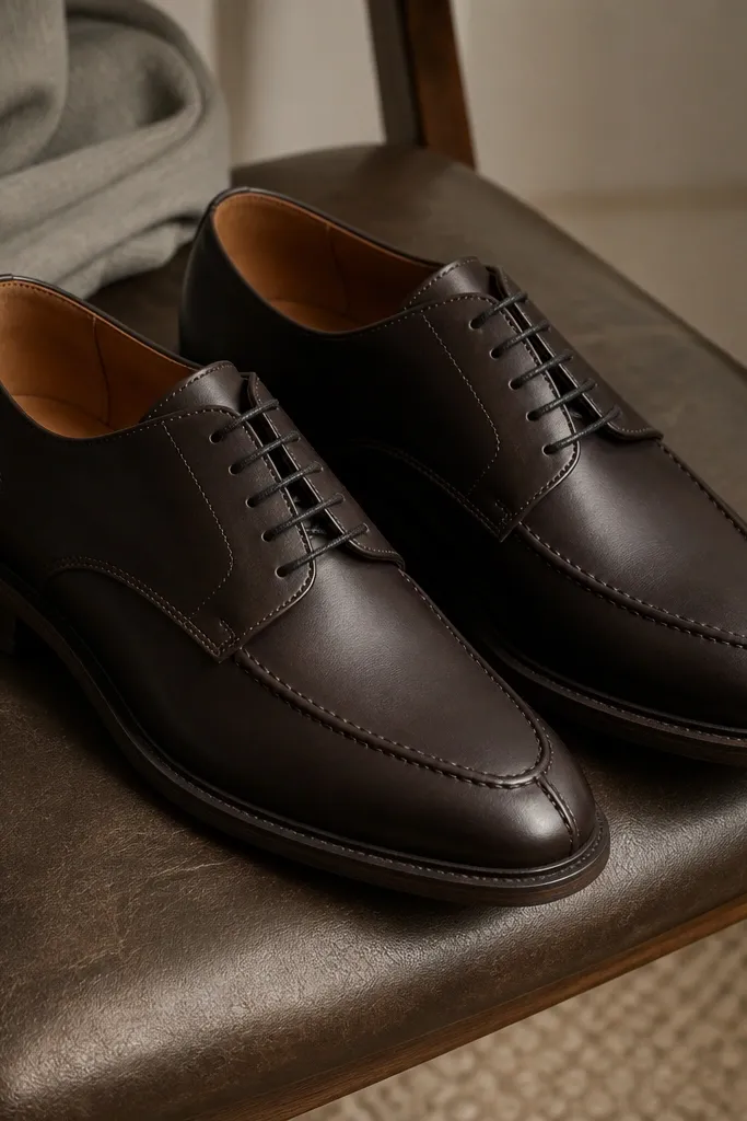 Polished-but-matte oxford shoes in dark brown (or black), with visible stitching along the toe and a low shine.