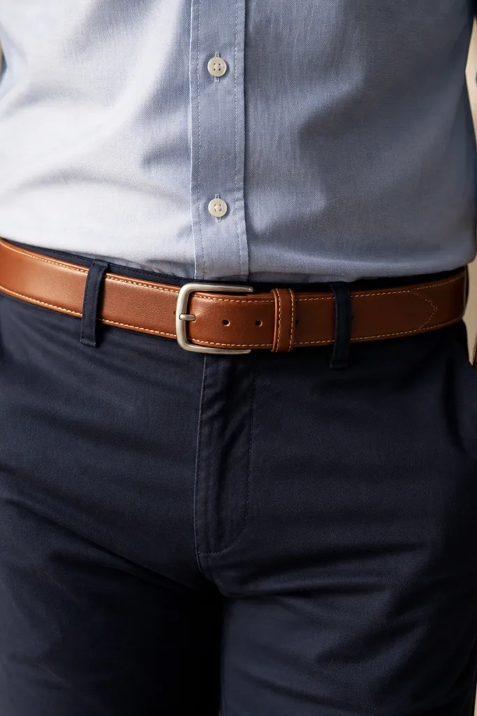 A cognac leather belt with medium-width buckle and light stitching, worn at the waist with navy trousers.
