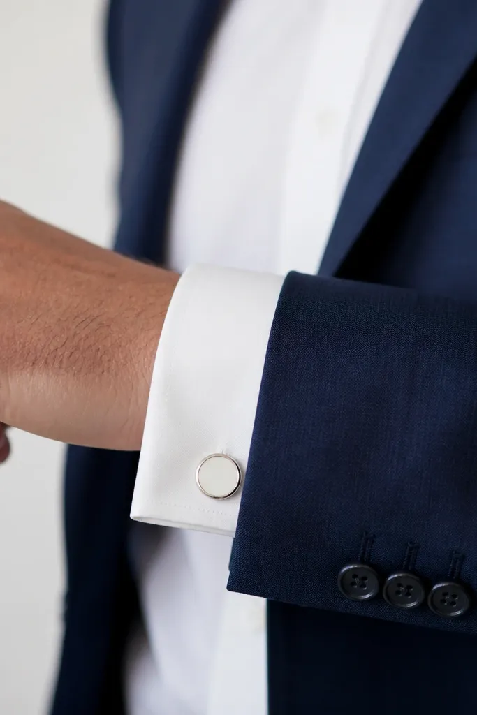 Minimal cufflinks in white or silver tones with a simple round face, paired with a white shirt cuff under a navy sleeve.