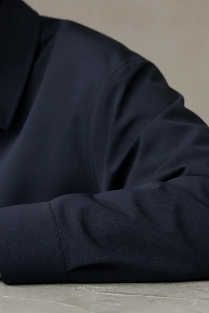 A close-up of a navy jacket sleeve and shoulder line, showing the sleeve ending at the wrist and the collar lying flat.