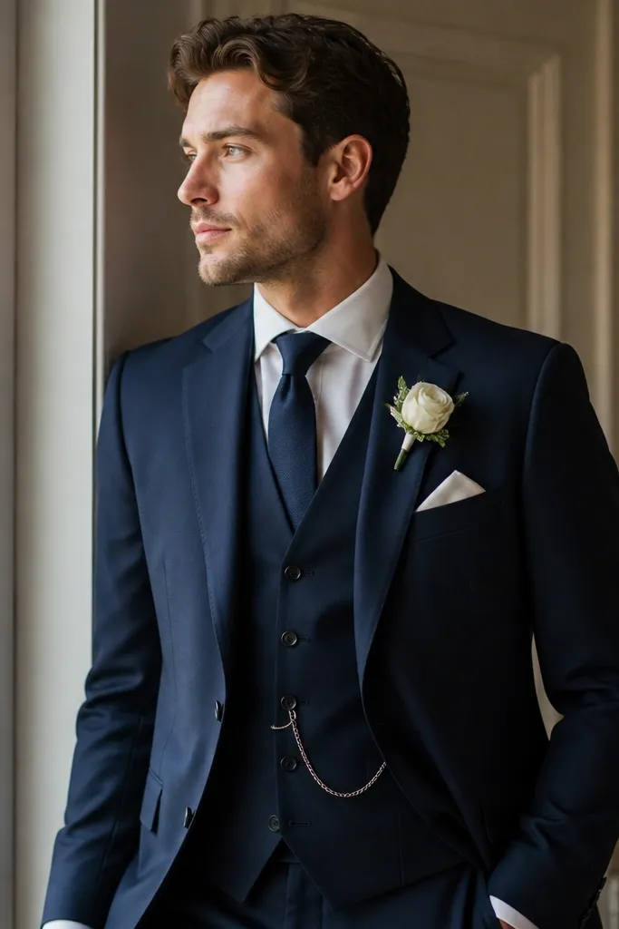 Navy Blue Groom Suit for a Wedding-Day Classic Look