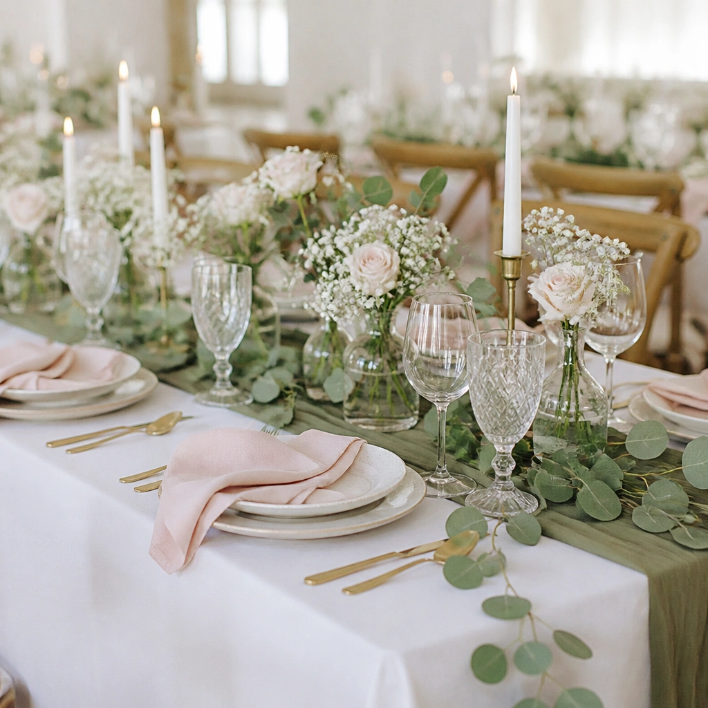 A wedding table styled with olive-green runners, cream plates, blush napkins, and small bud vases filled with baby’s breath and pale pink roses; eucalyptus leaves spill over the runner edges.