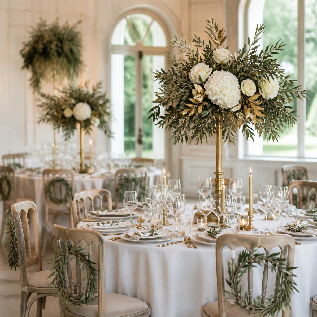A reception setup with white table linens, olive wreaths on chairs, gold flatware, and tall centerpieces of white flowers with dark olive foliage and scattered gold-painted leaves.