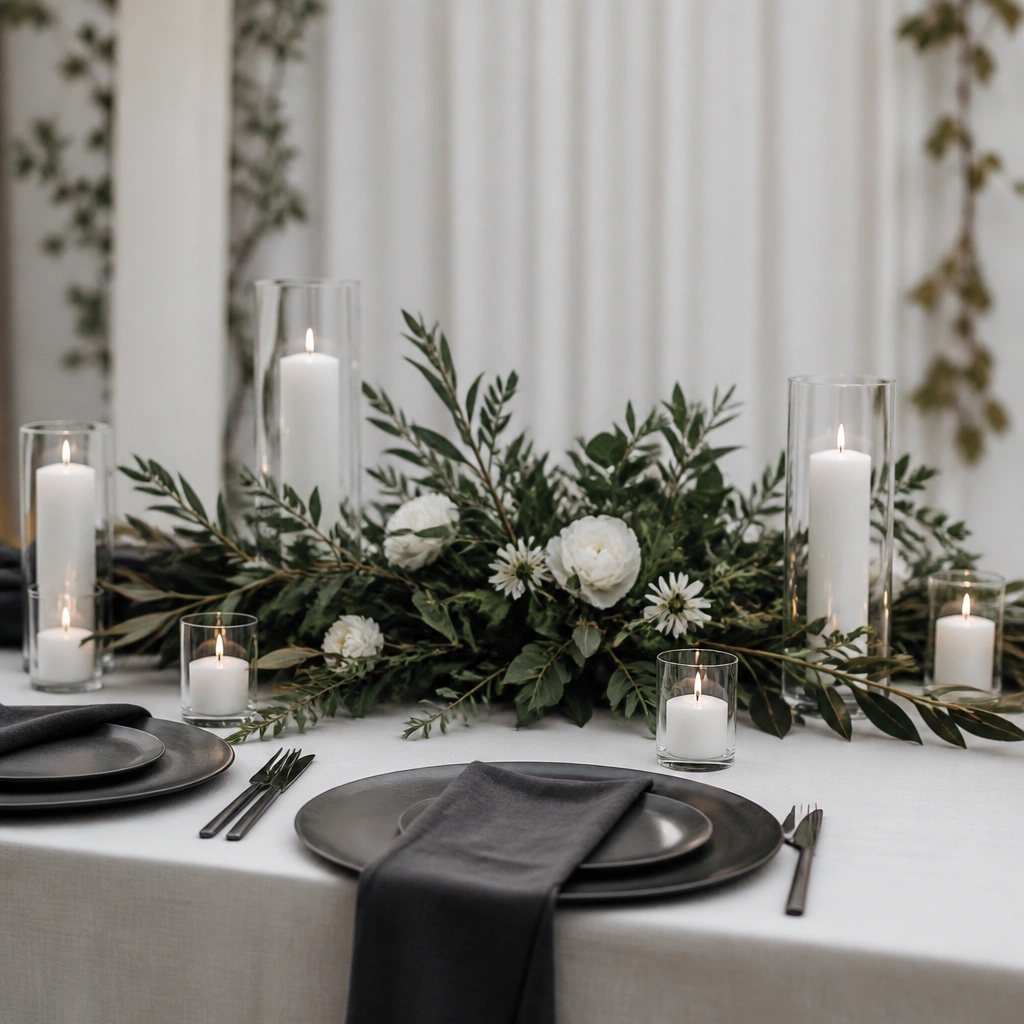 A minimal ceremony table with charcoal napkins, white candles in glass holders, and a low floral arrangement of olive branches, dark green leaves, and a few white blooms.