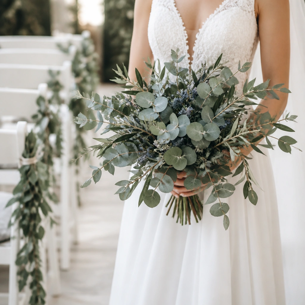 A bridal bouquet with eucalyptus stems and olive leaves, plus small dusty-blue flowers; the aisle is decorated with eucalyptus garlands on white chairs.