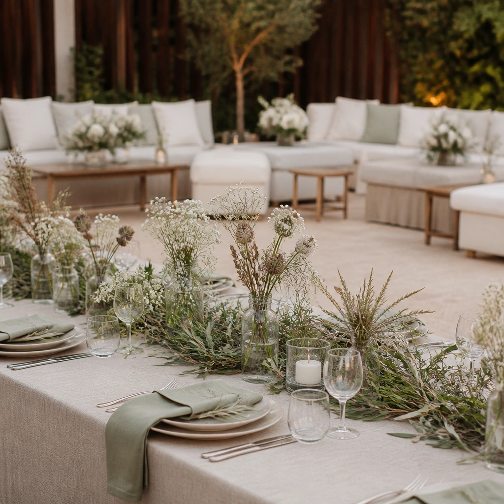 A styled lounge with natural linen tablecloths, sage-green napkins, olive greenery garlands, and jars of white wildflowers and dried seed heads.
