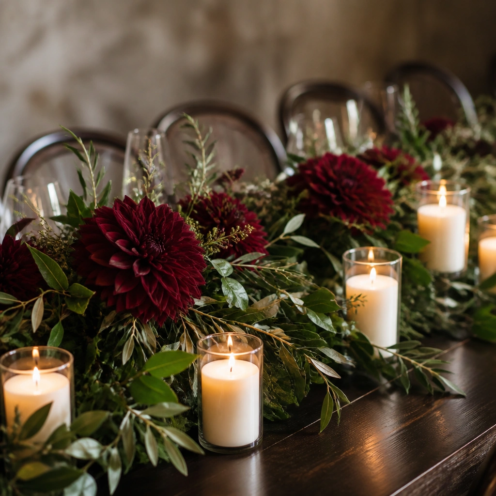 Deep olive and burgundy table centerpieces with burgundy dahlias, olive leaves, and dark green foliage, set on a dark wood table with cream candles.