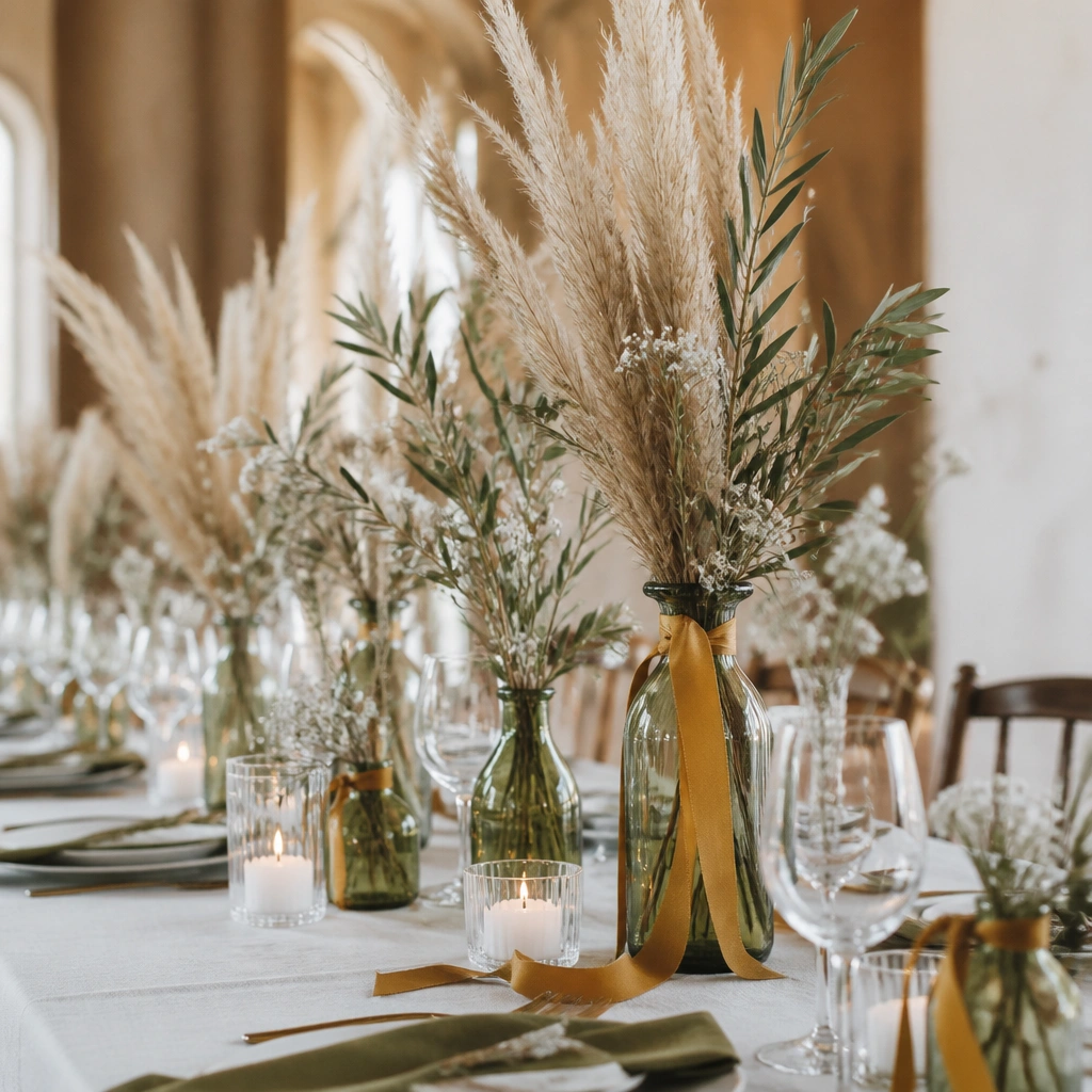 Boho reception decor with olive-green glass bud vases, mustard ribbon accents, and tall pampas grass plumes beside olive branches and small white flowers.
