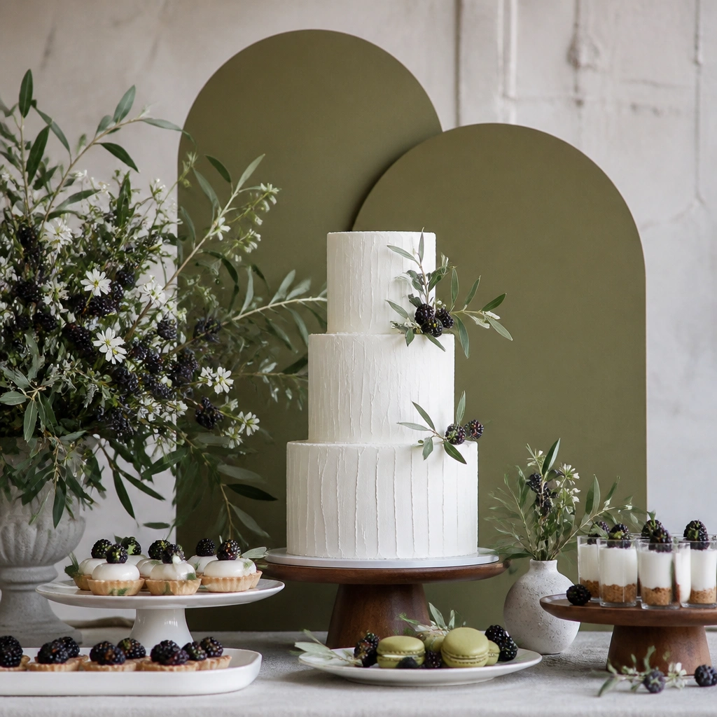A dessert table with olive-green signage, white cake tiers, and blackberry stems tucked into arrangements with olive leaves and small white flowers.