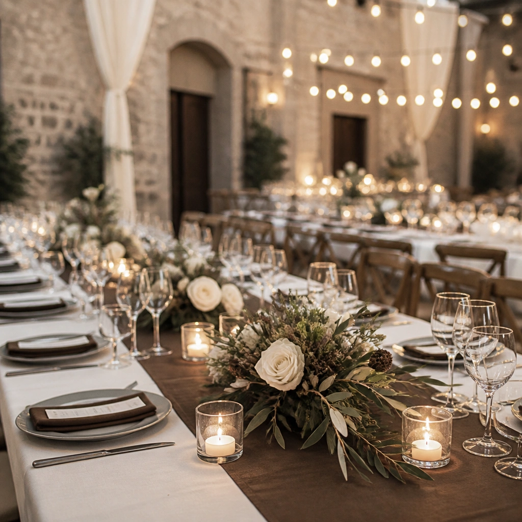 A reception scene with chocolate-brown table runners, warm white string lights, and low floral arrangements of olive foliage, brown seed pods, and cream blooms.