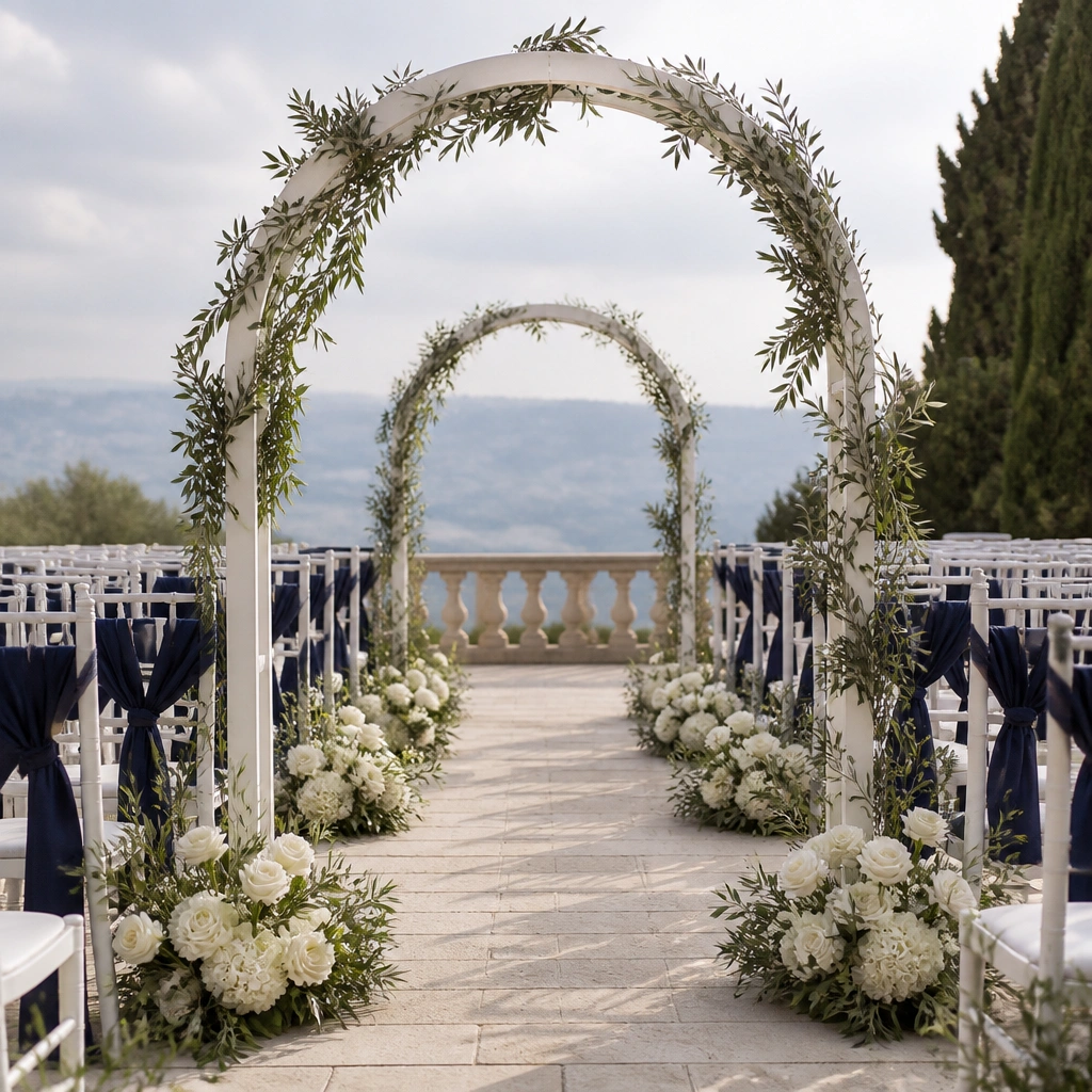 A ceremony aisle with olive greenery on white arches, navy satin chair sashes, and white floral arrangements with small olive leaves.