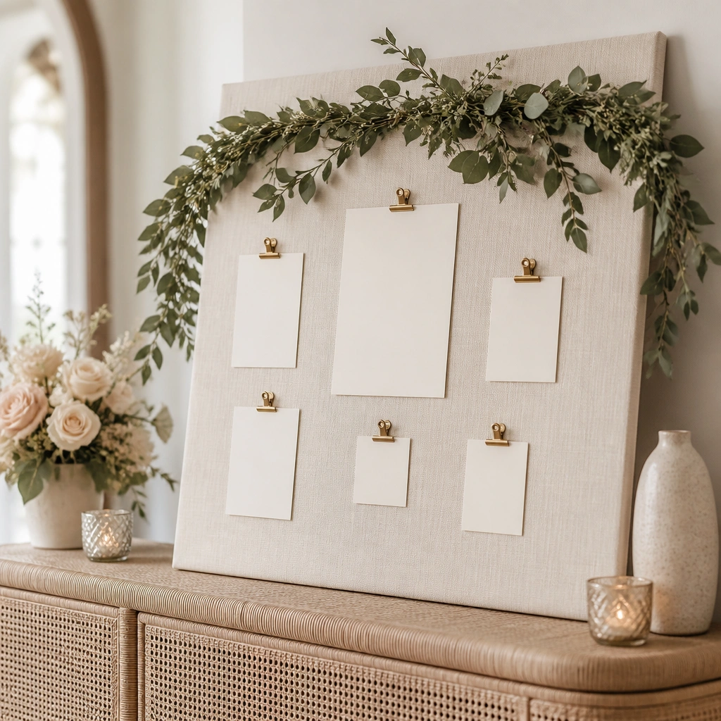 A bride-to-be welcome sign leaning on a light rattan console, wrapped in cream linen fabric; soft greenery garland drapes across the top; small gold clips hold cards.
