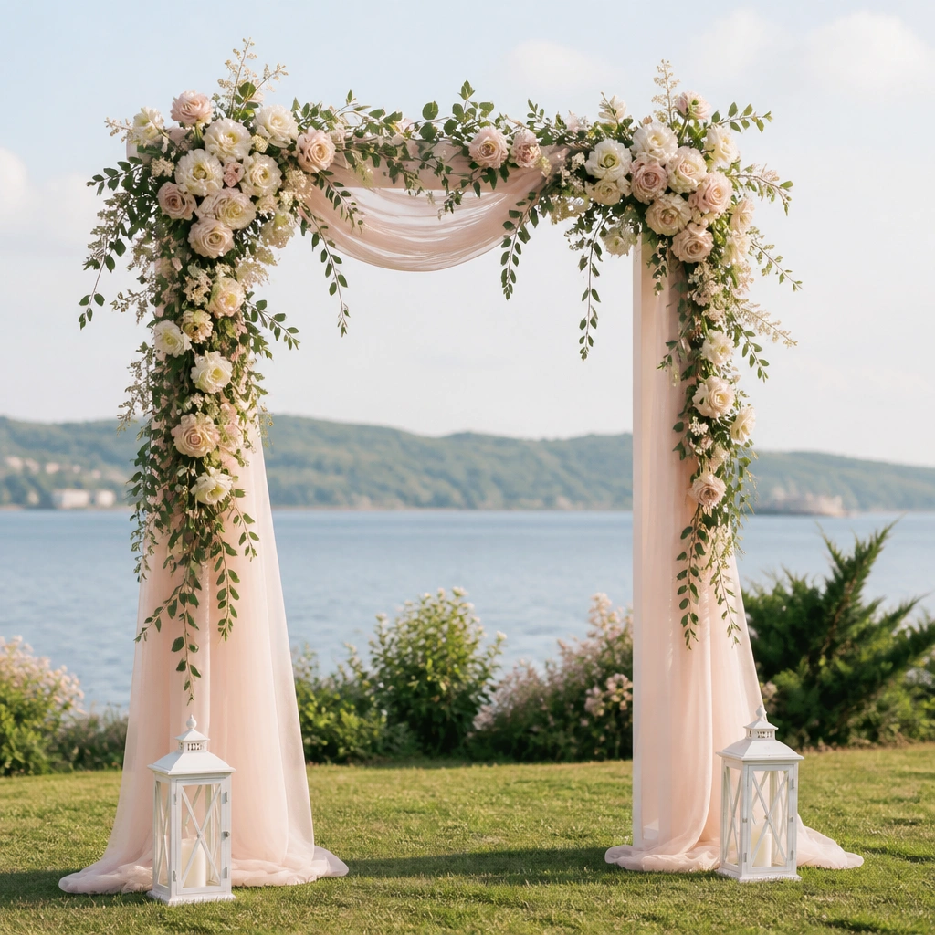 A freestanding outdoor arch wrapped with blush and cream blooms, trailing greenery, and sheer blush fabric panels; two white lanterns sit at the base.