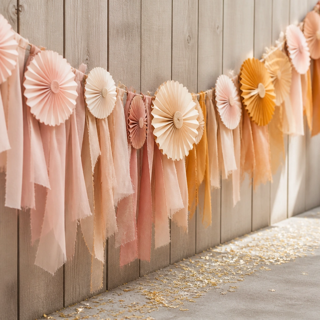 A garland made of layered paper rosettes and blush-to-amber fabric swatches hanging along a fence line; tiny gold star confetti sprinkled on the bottom.
